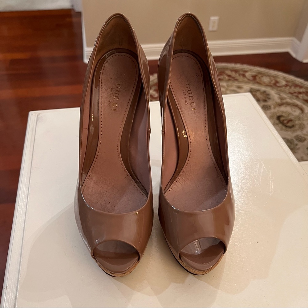Gucci Cork Heel Peep Toe Shoe